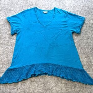 CottonWays Womens‎ Size 2 Blue Tunic Top V Neck Short Sleeve Crochet Trim Boho